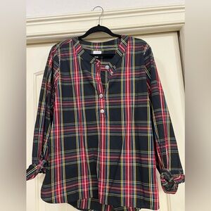 J Crew top jeweled button tartan long sleeve top blouse red plaid